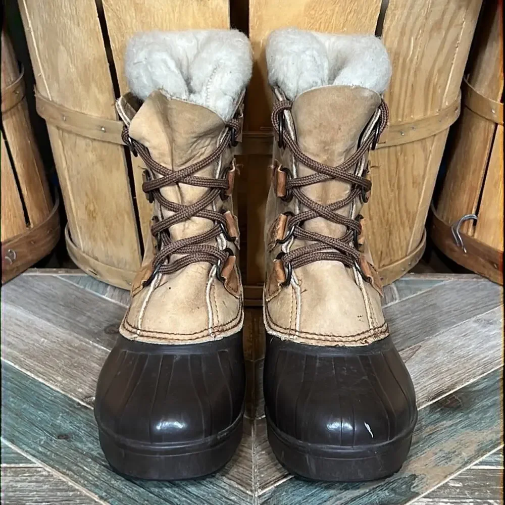Sorel Alpine Tan Leather Faux Fur Waterproof Vintage Snow Boots Womens Size 6